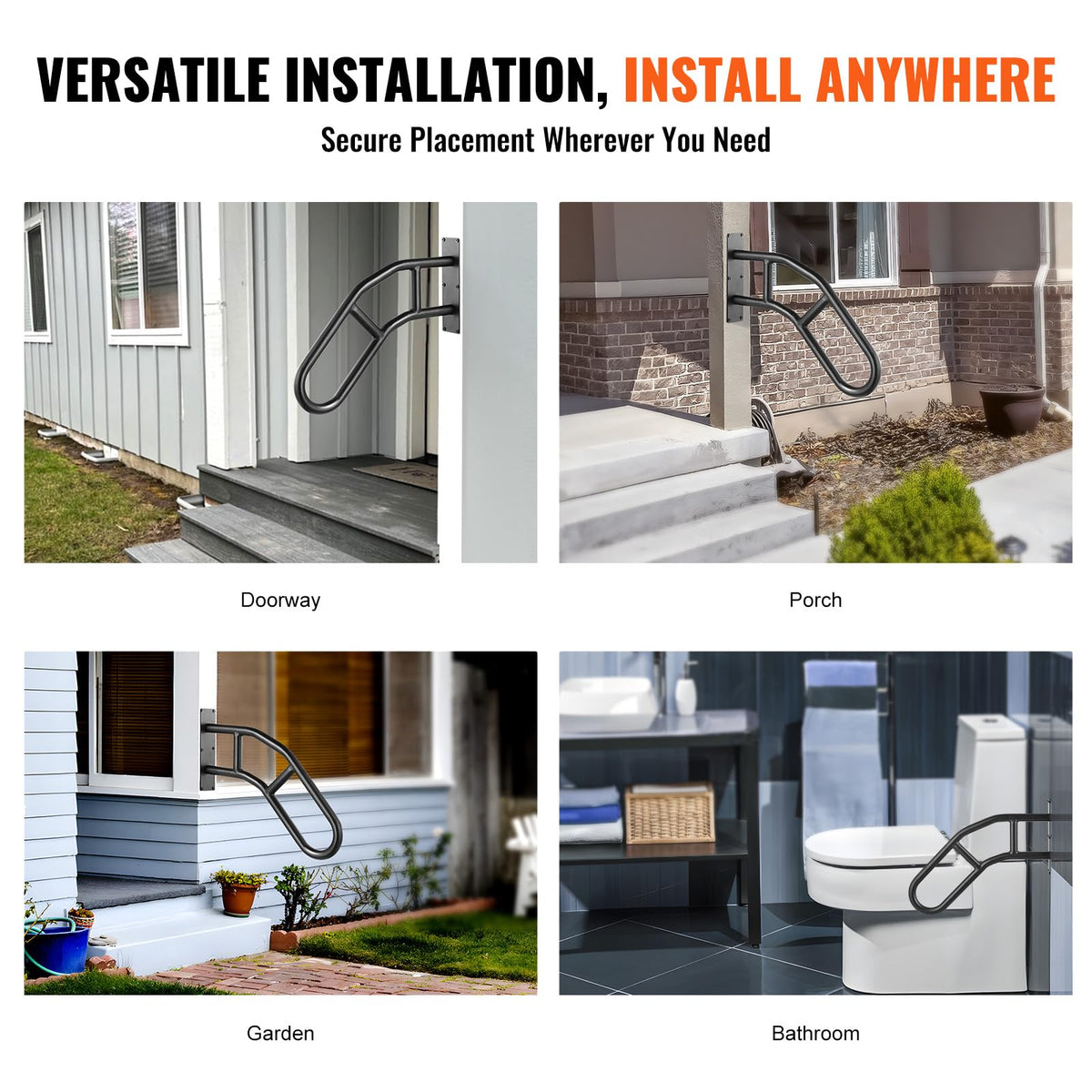 VEVOR handrail installed on concrete surfaces showing straightforward outdoor mounting.