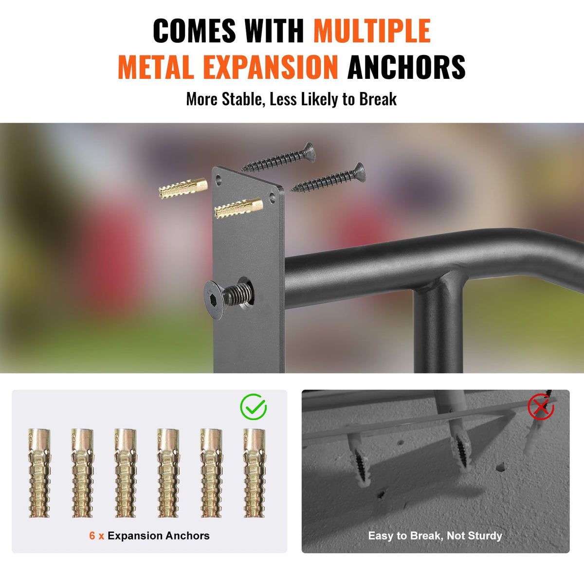 VEVOR expansion tubes reinforce the rail for wobble-free mounting on various walls.