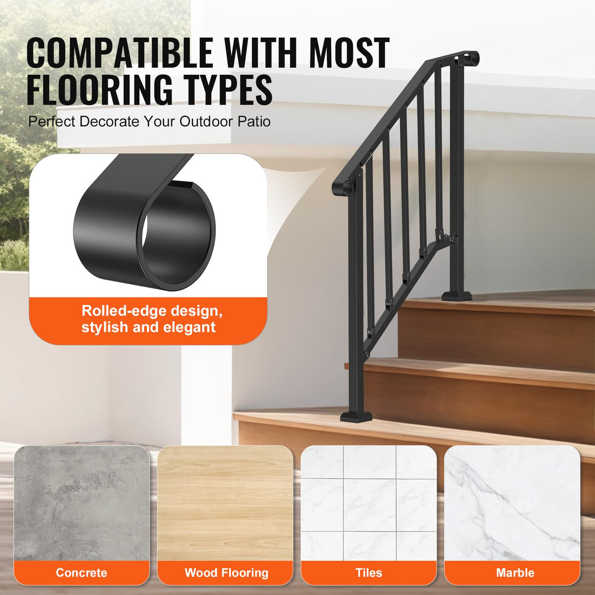 VEVOR handrail compatible with wood or tile surfaces during installation.