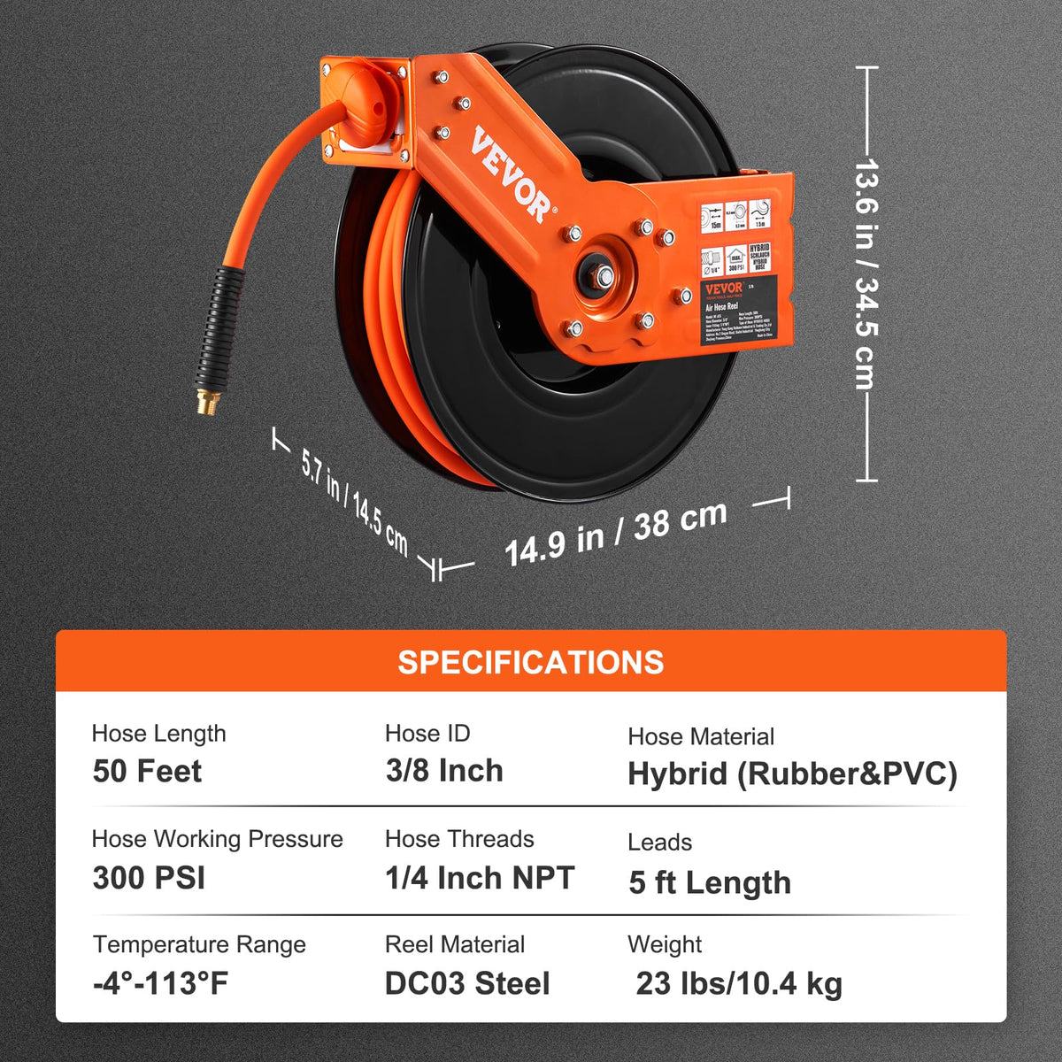 VEVOR heavy-duty steel reel for durable, reliable use in busy spaces.