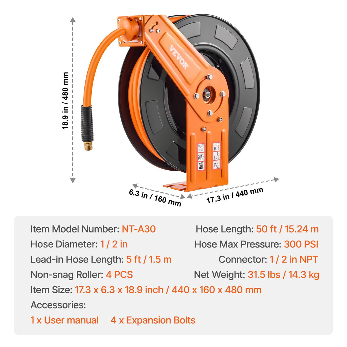 VEVOR 50 ft hose reach ideal for garages and workshops