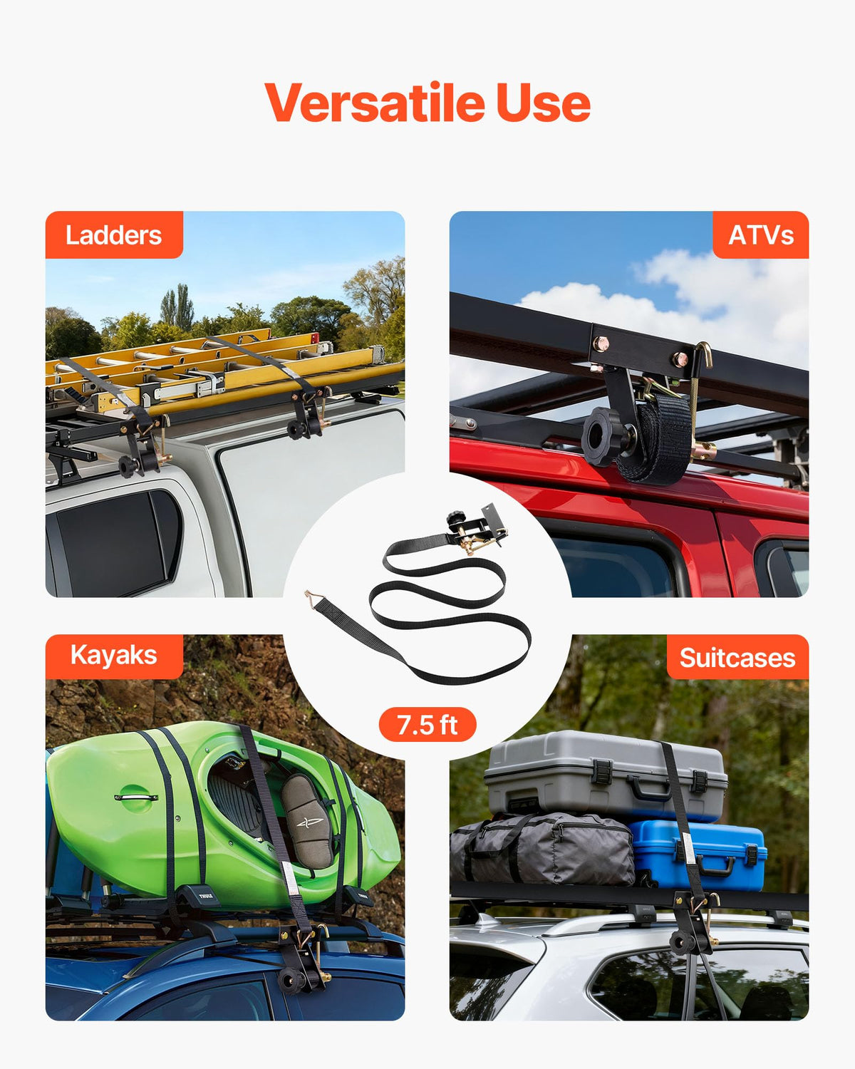 VEVOR 1.5-inch strap width provides broad contact and secure tie-down