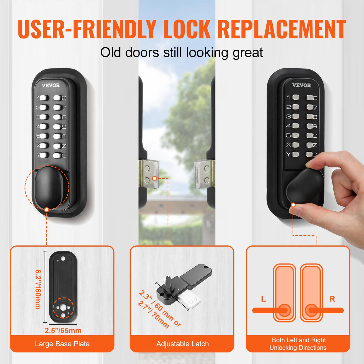 VEVOR latch close-up highlights sturdy 3.9x1.1x0.3 inch bolt.
