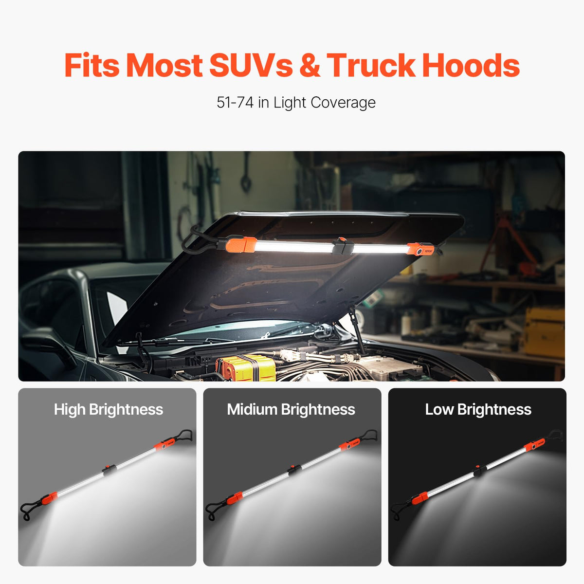 VEVOR light bar extended for wide coverage during car repair.