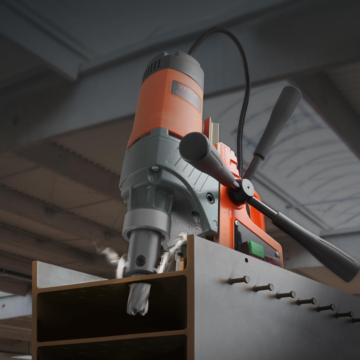 VEVOR magnetic drill press with base attachment ensuring strong alignment.