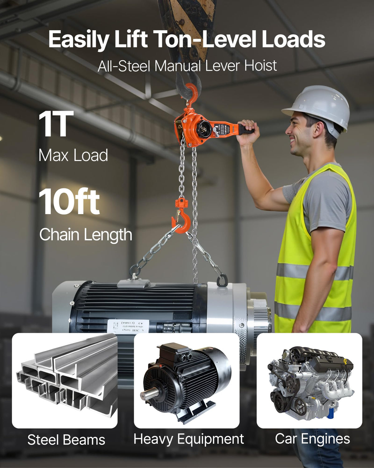 VEVOR hoist with a 360-degree handle for easy one-person operation.
