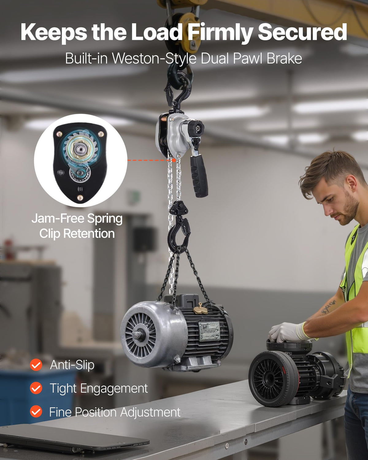 VEVOR dual pawl brake provides precise, secure lifting control