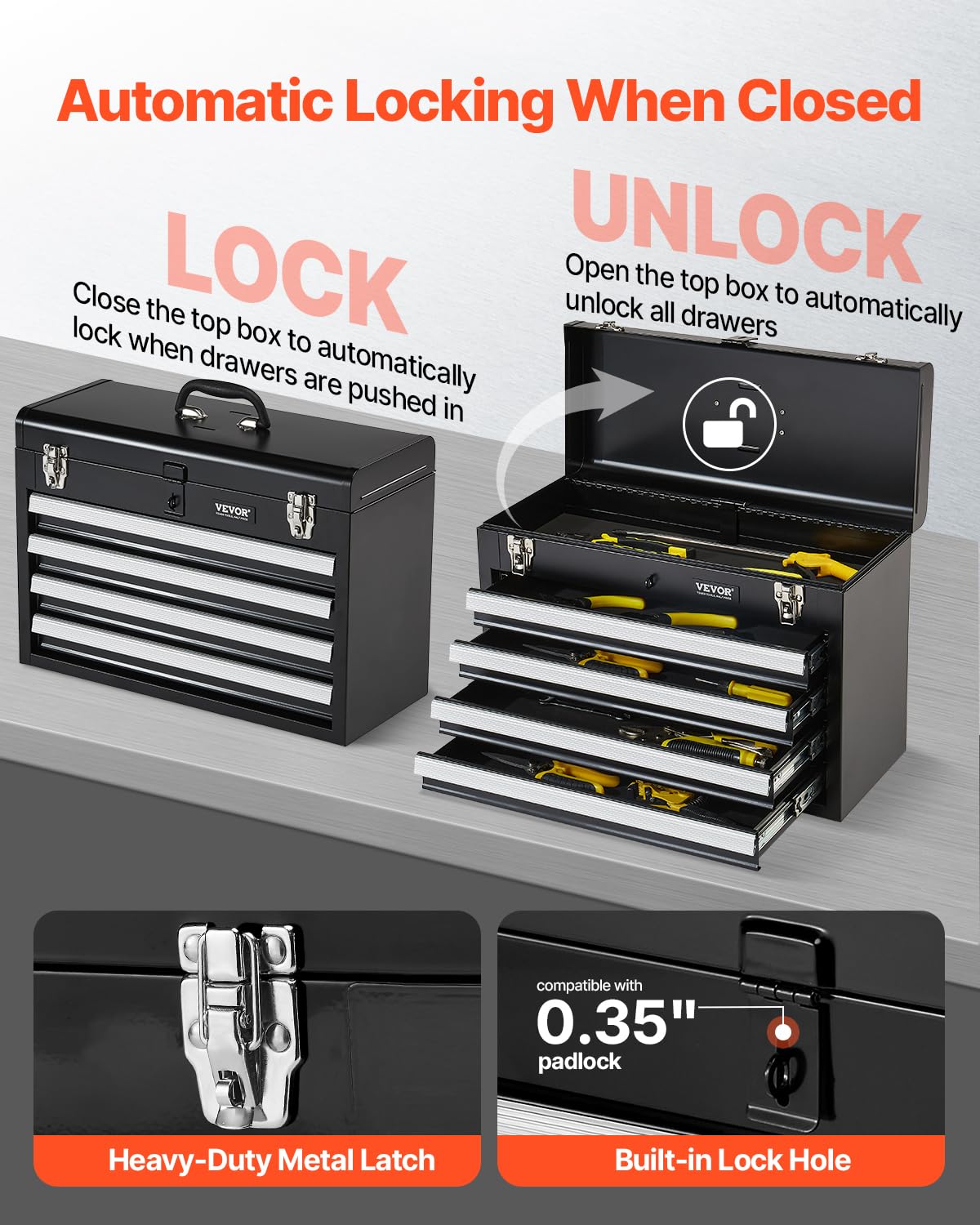 VEVOR tool box drawers with ball-bearing sliders for smooth operation