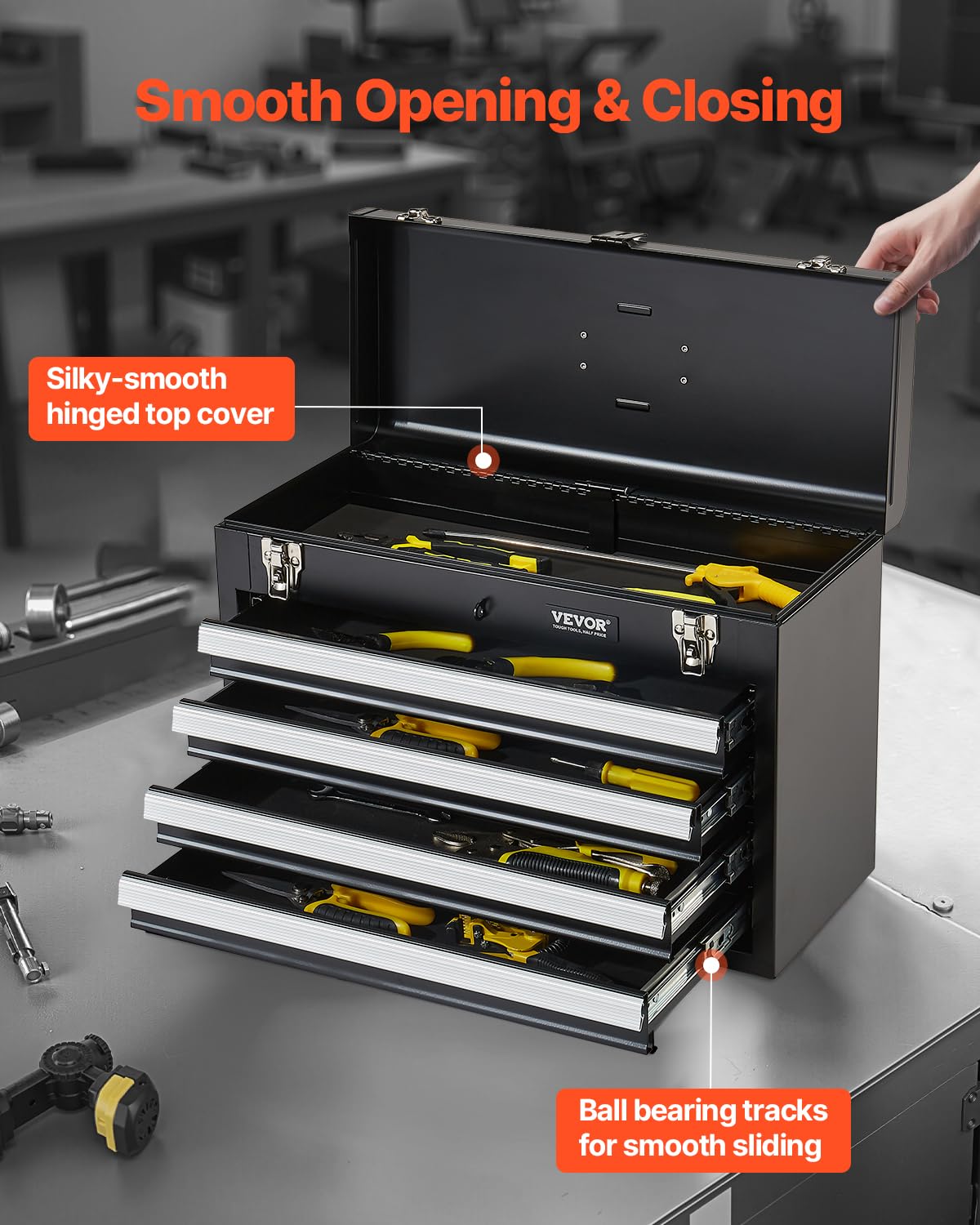 VEVOR metal tool box EVA padding protects tools and dampens vibration