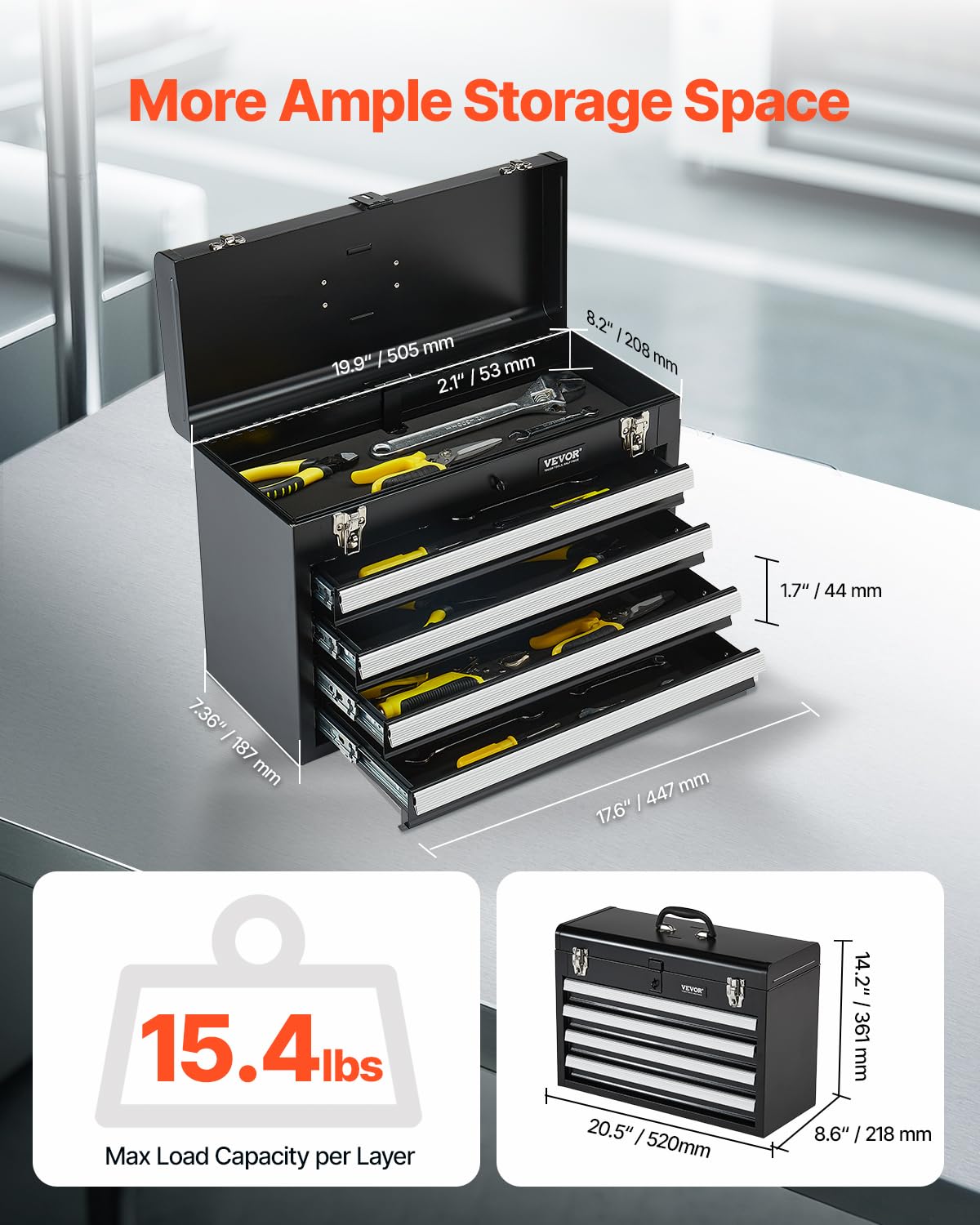 VEVOR metal tool box four drawers extended for quick access to hand tools