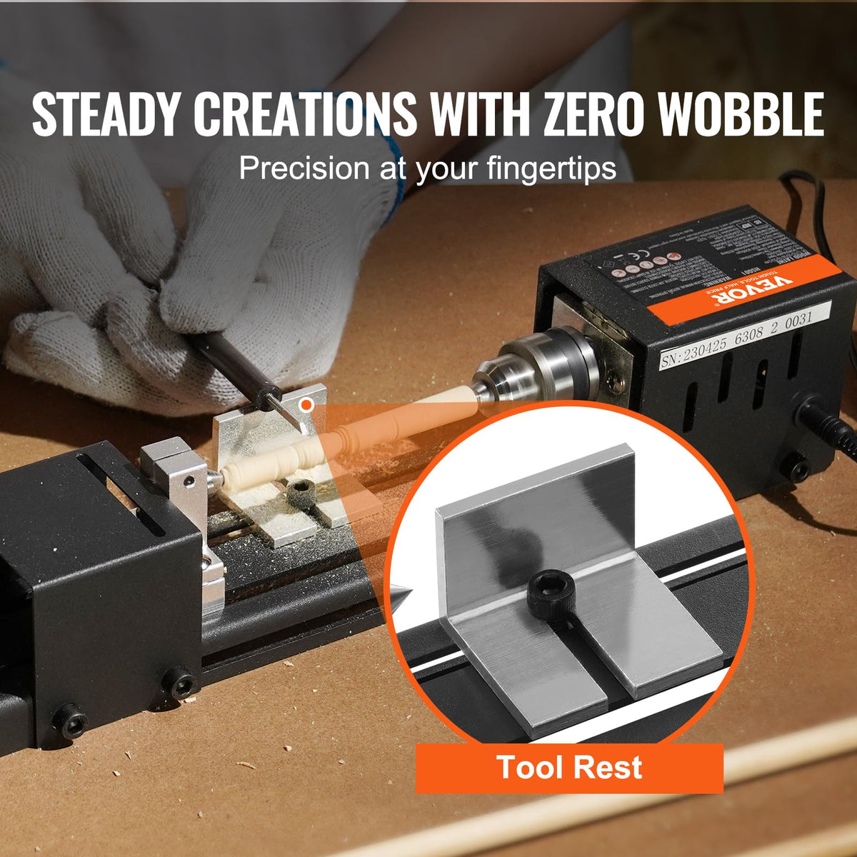 VEVOR mini lathe motor detail highlighting powerful 96W performance