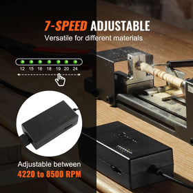VEVOR mini lathe speed selector displaying 7-speed control for varied cuts