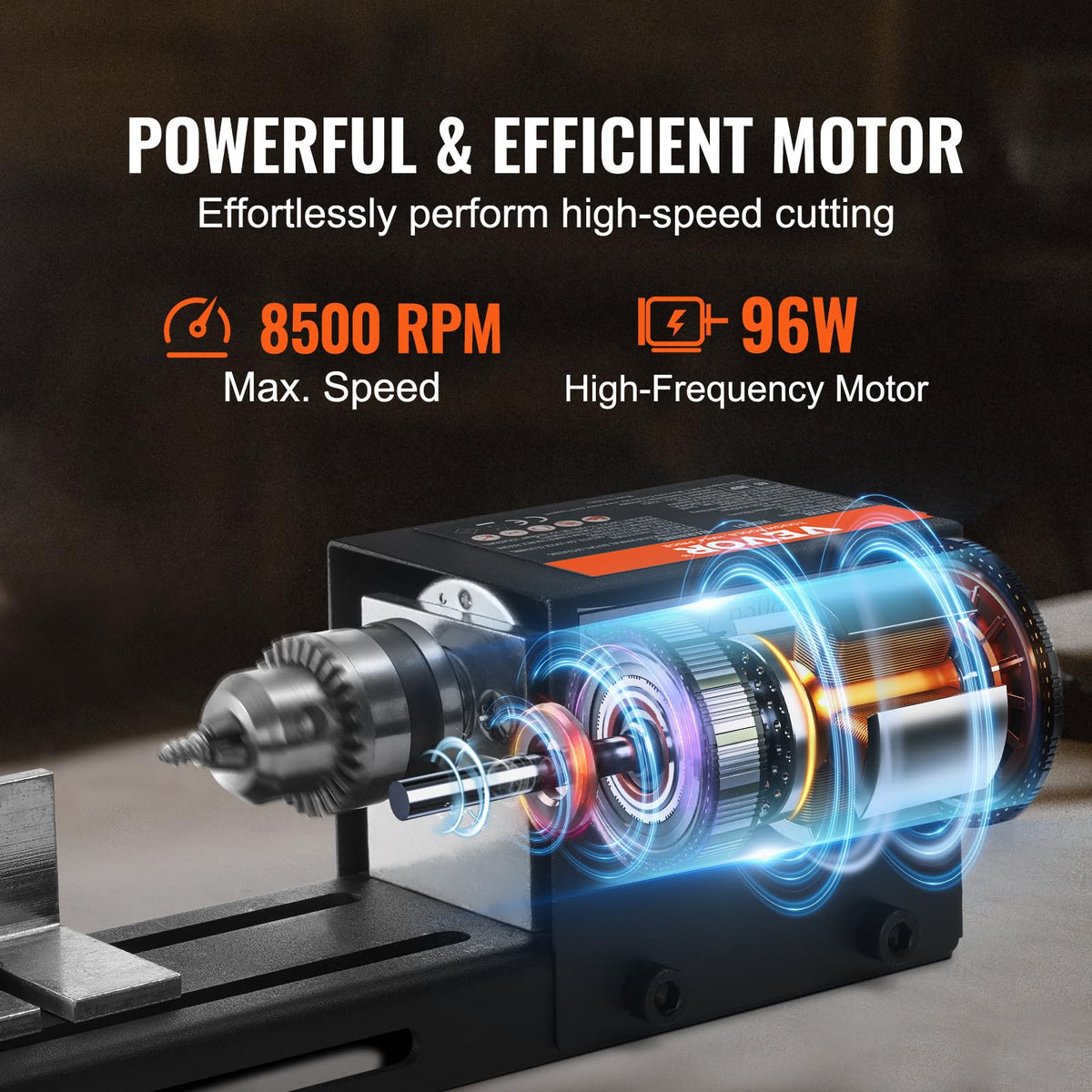 VEVOR mini lathe turning a small wood piece with smooth finish