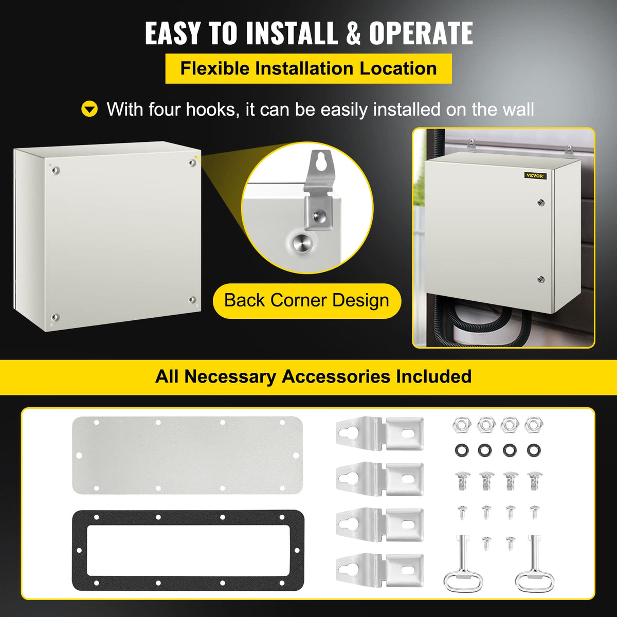 VEVOR NEMA enclosure lock-core detail conveys reliable access.