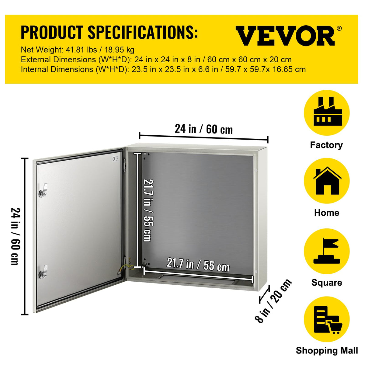 Rugged steel enclosure suitable for outdoor and indoor use.