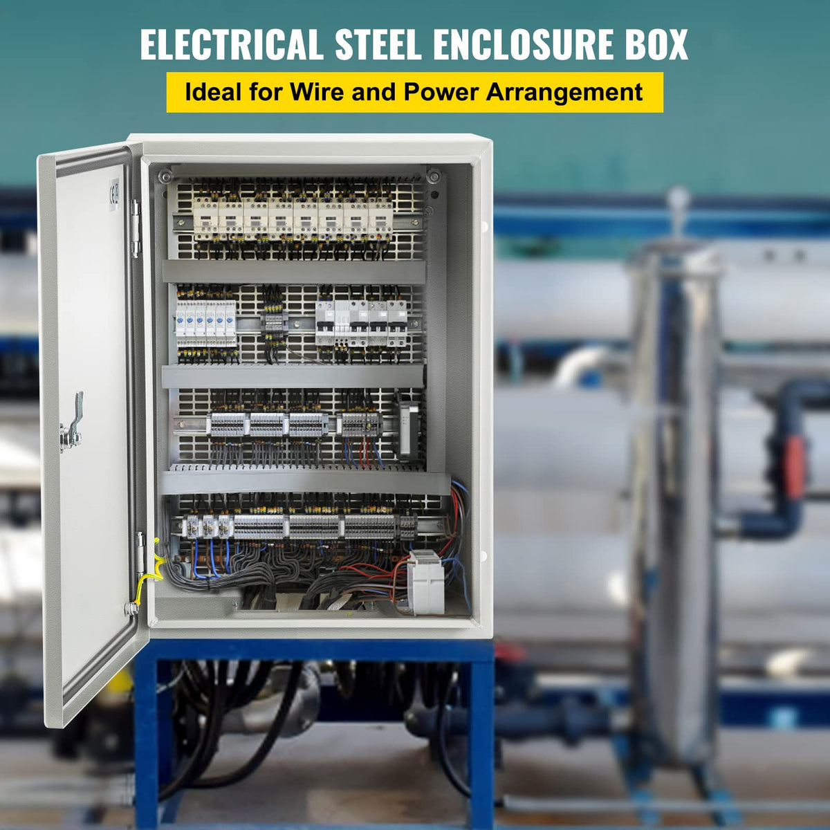 VEVOR NEMA steel enclosure side view highlighting compact wall-mount footprint