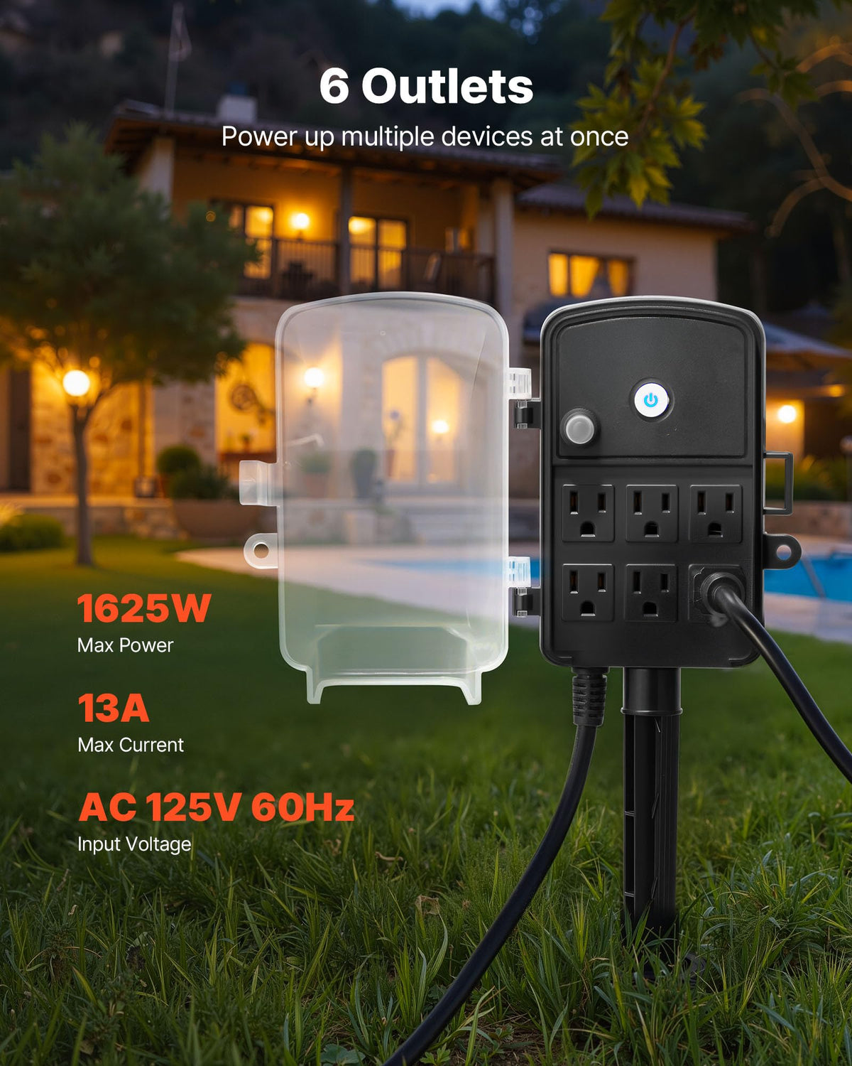 VEVOR outdoor power stake with 100 ft extension cord enabling long reach for lights