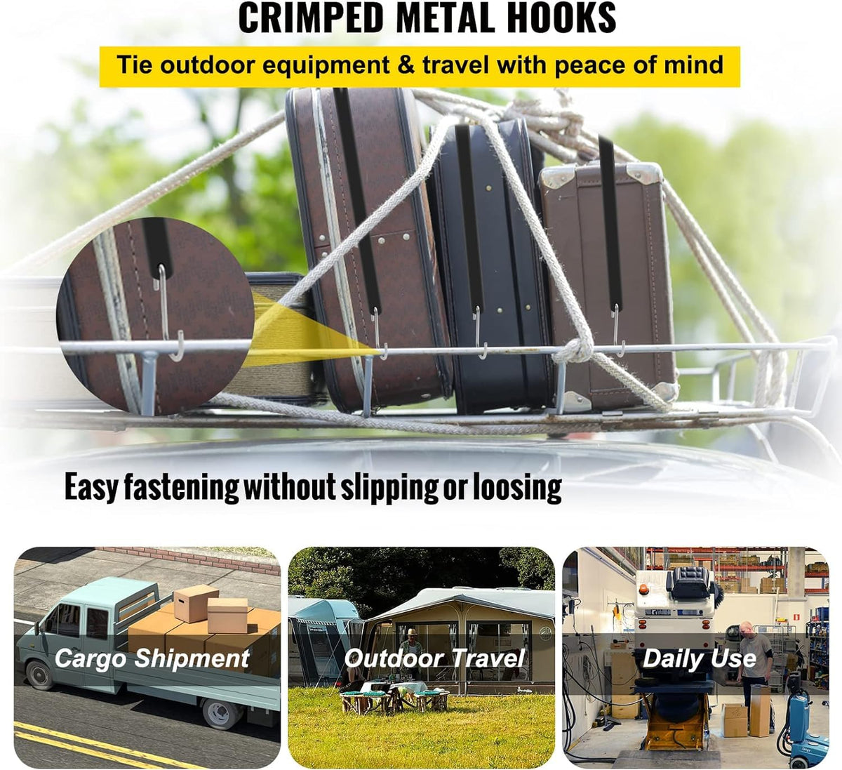 VEVOR outdoor-ready straps secure canvases, tarps, and cargo reliably.