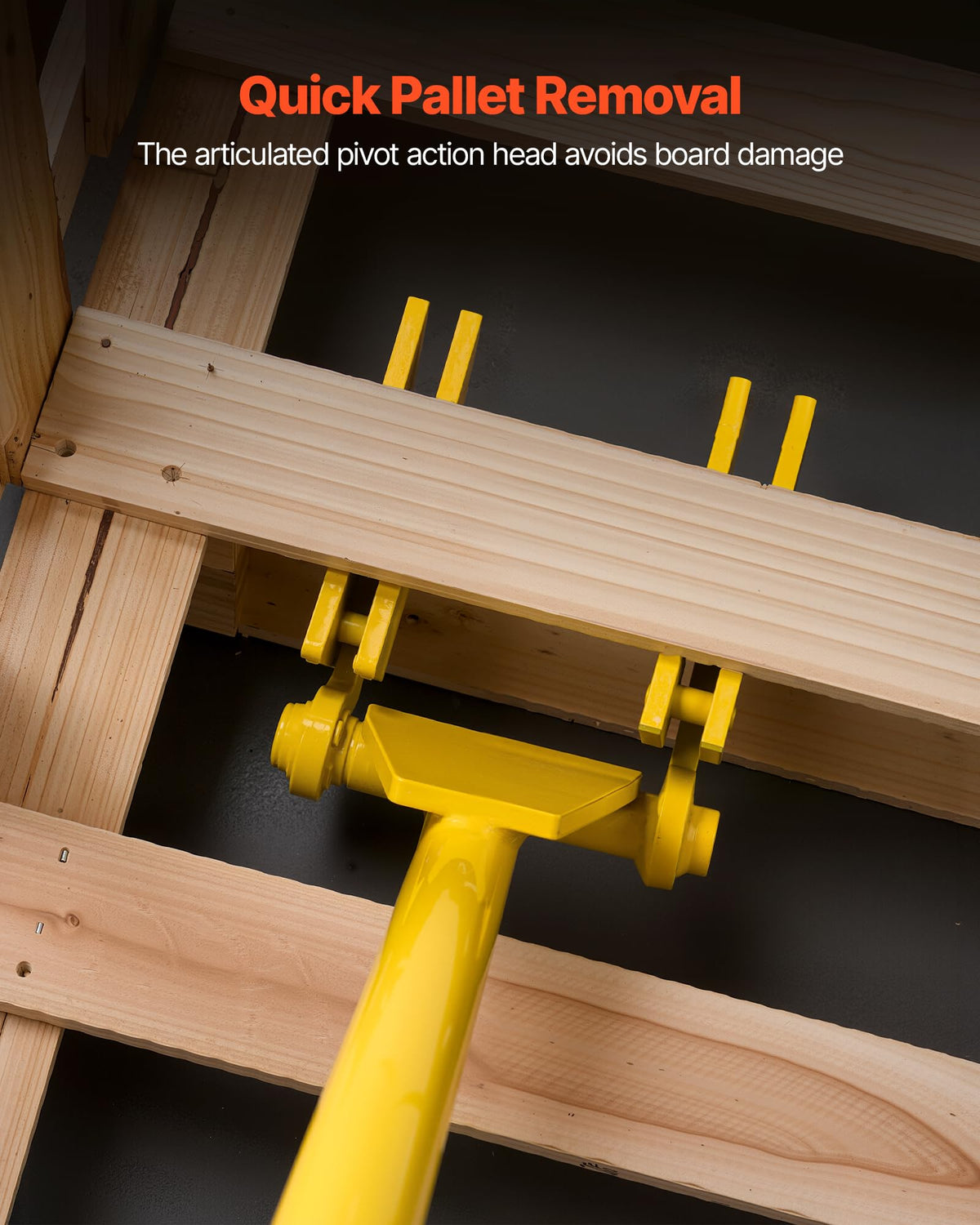 Pivot-action head enables non-damaging pallet separation for decks