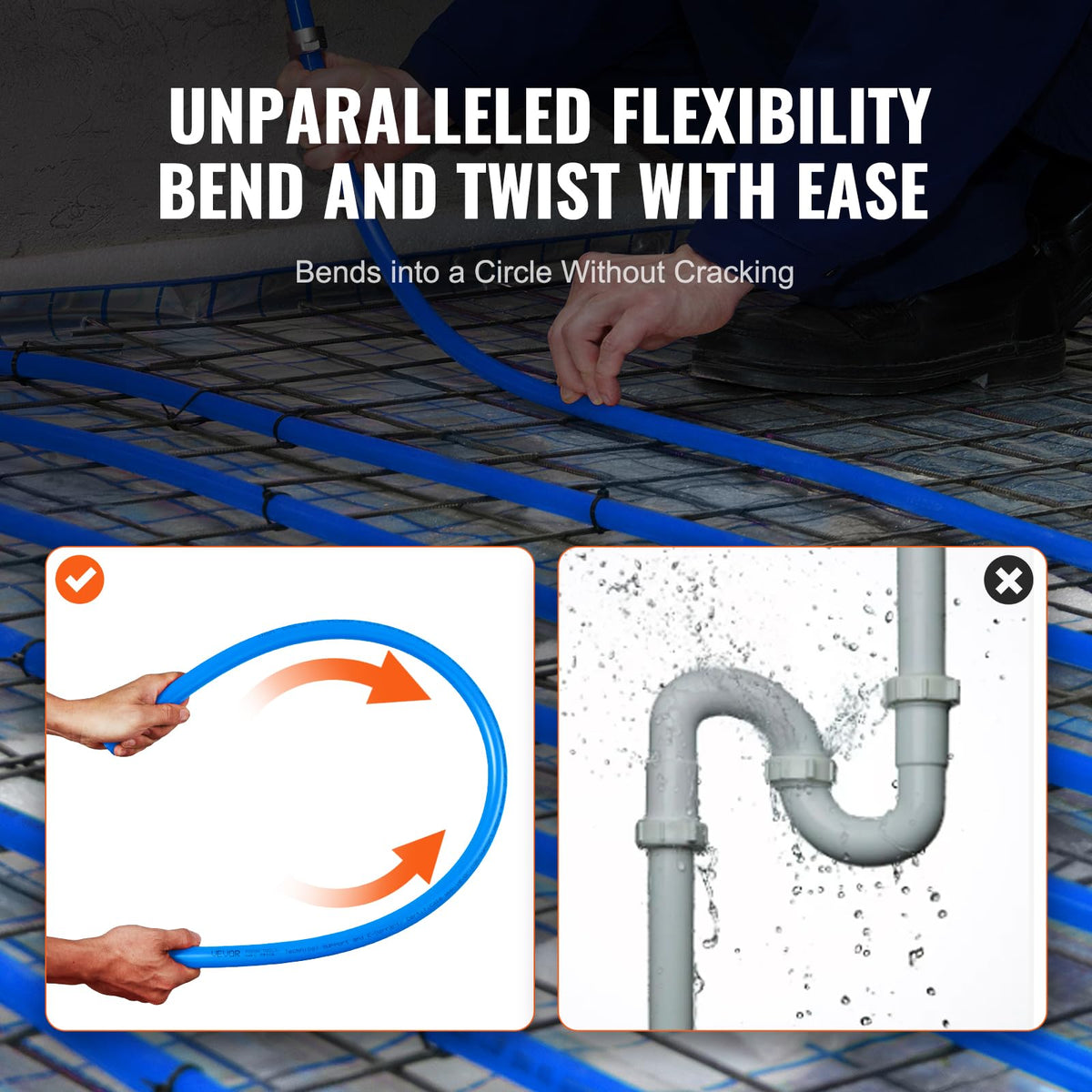 VEVOR PEX pipe demonstrates high flexibility and crack resistance