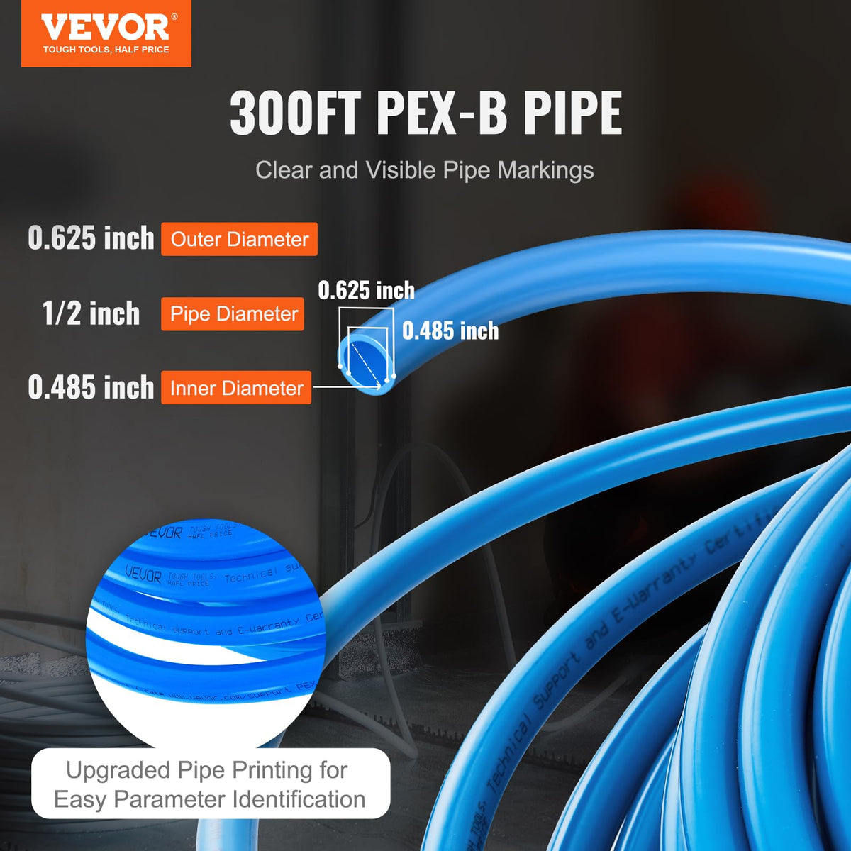 VEVOR PEX non-oxygen barrier with clear body markings for verification