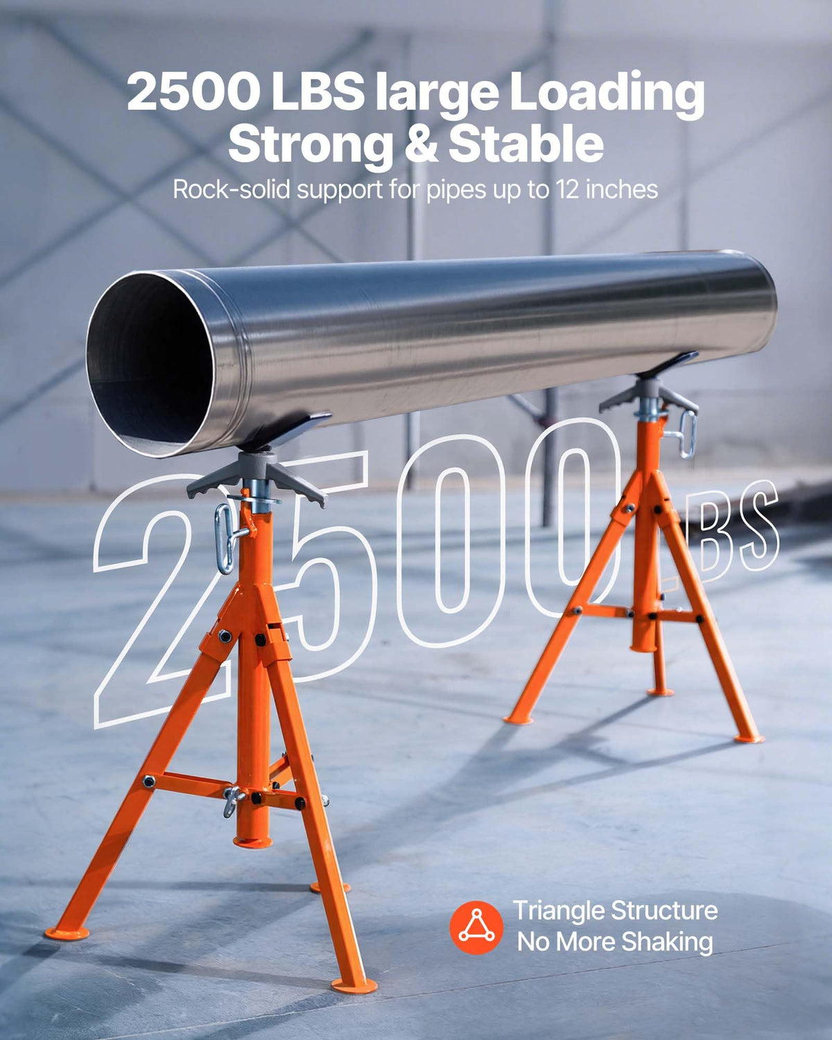 VEVOR pipe stand demonstrates 2500 lbs capacity for durable pipe projects