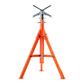 VEVOR pipe stand shows a stable triangular base for heavy pipe work on site