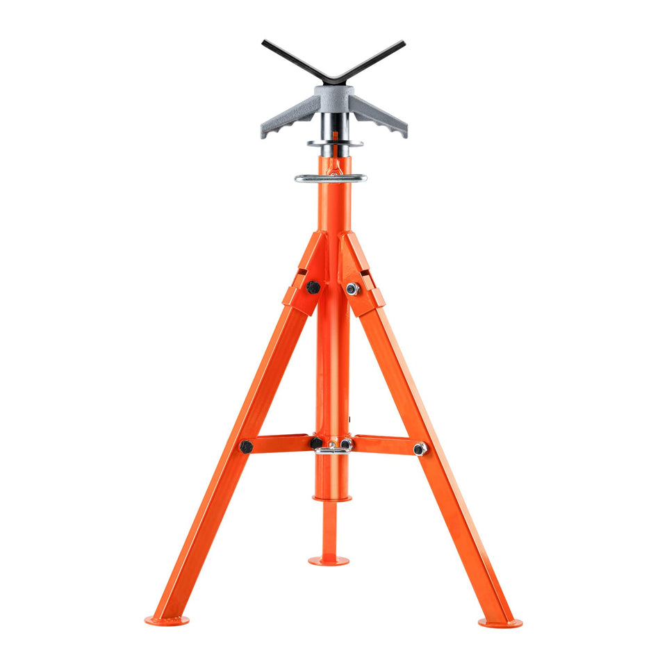 VEVOR pipe stand shows a stable triangular base for heavy pipe work on site