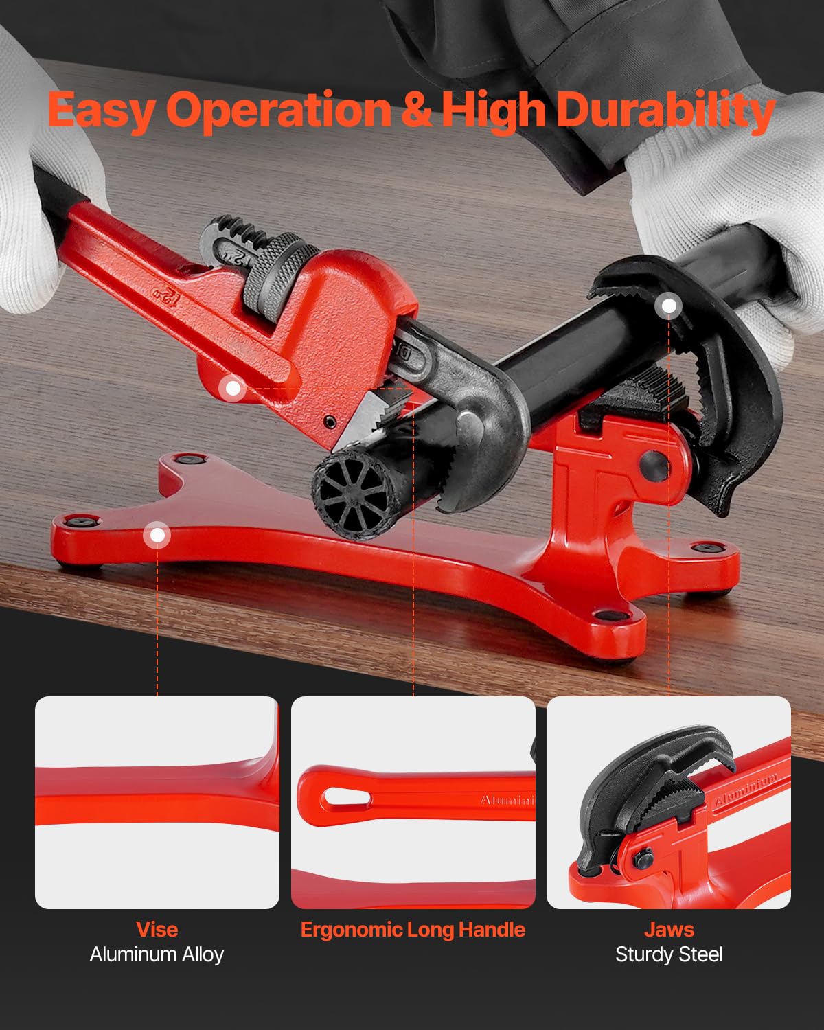 Anti-slip clamps on VEVOR pipe vise securely gripping pipes.