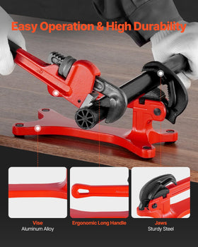 Anti-slip clamps on VEVOR pipe vise securely gripping pipes.