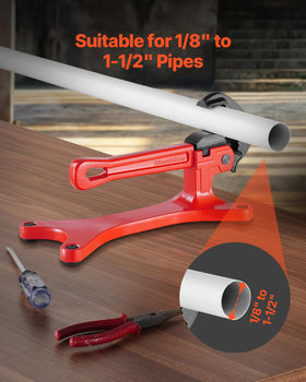 VEVOR pipe vise showing wide clamp range for various pipes.