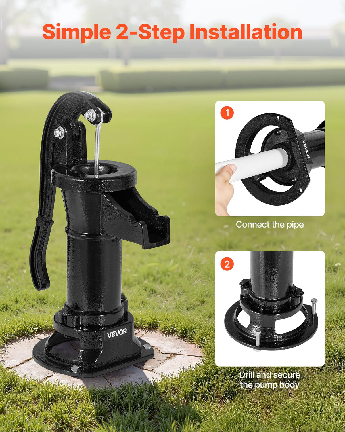 VEVOR Well Hand Pitcher Pump in garden demonstrates manual pumping for pond and irrigation