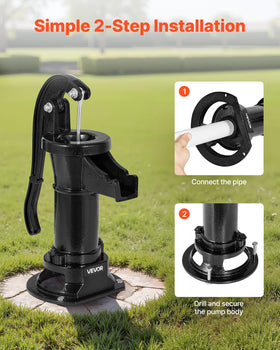 VEVOR Well Hand Pitcher Pump in garden demonstrates manual pumping for pond and irrigation