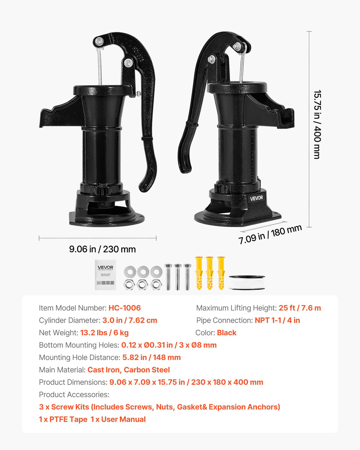 VEVOR Well Hand Pitcher Pump with hanging spout for bucket without splashes
