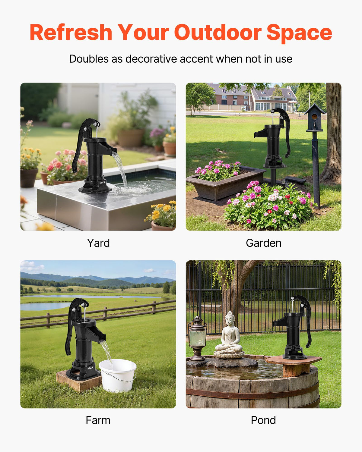 VEVOR Well Hand Pitcher Pump in action shows water flow without electricity