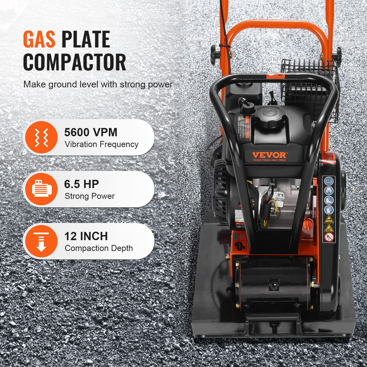 VEVOR 196cc engine powers high-frequency vibrations for deep compaction
