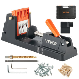 VEVOR Pocket Hole Jig Kit depth adjustment in action for precise drilling.