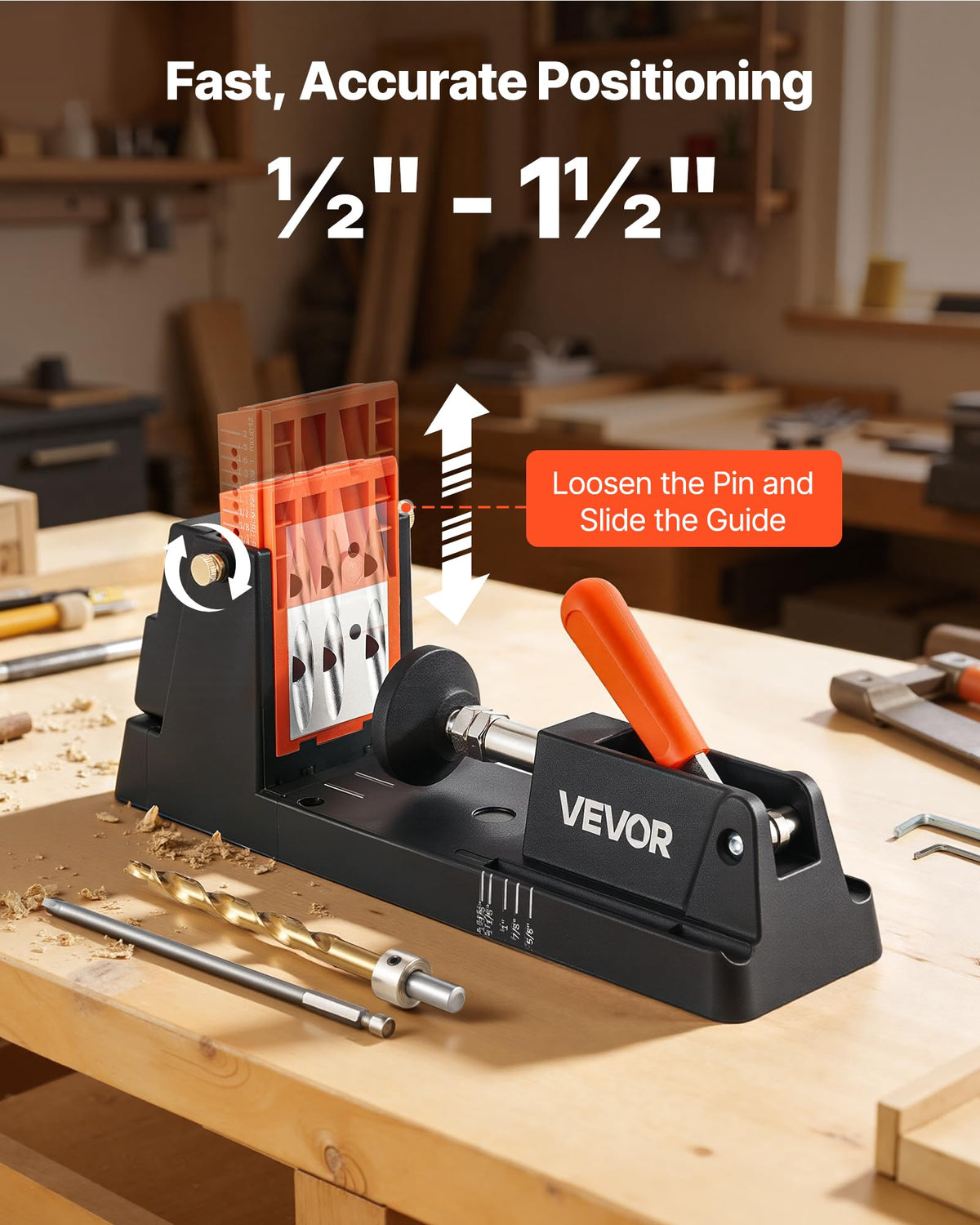 VEVOR Jig with dust collection adapter reduces chips during use.