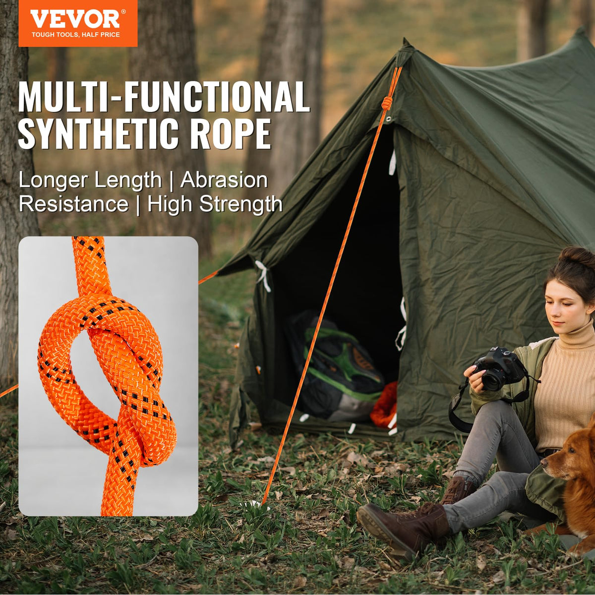 VEVOR polyester rope texture close-up highlights tight weave for strength.