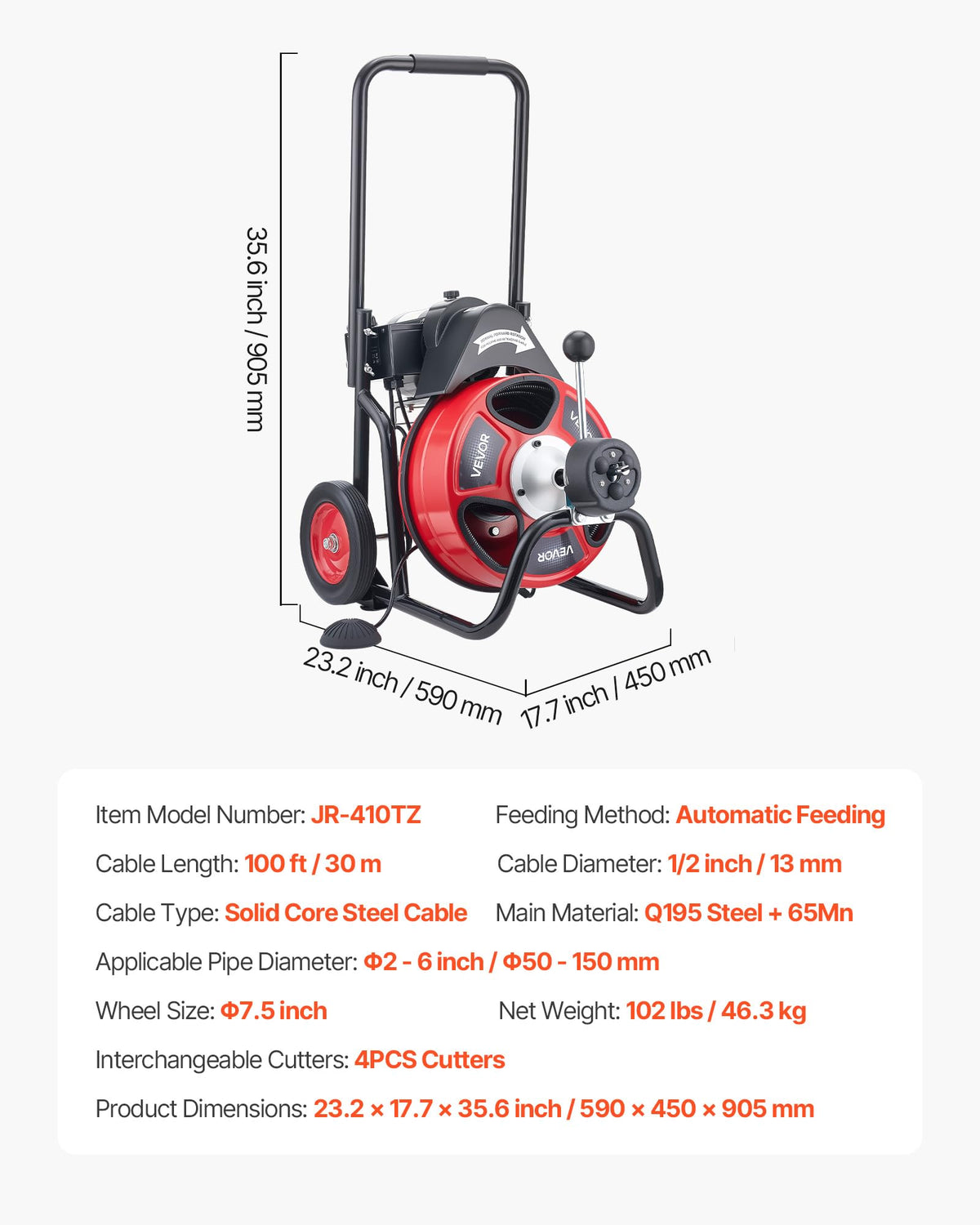 VEVOR portable drain cleaner on wheels for easy transport.