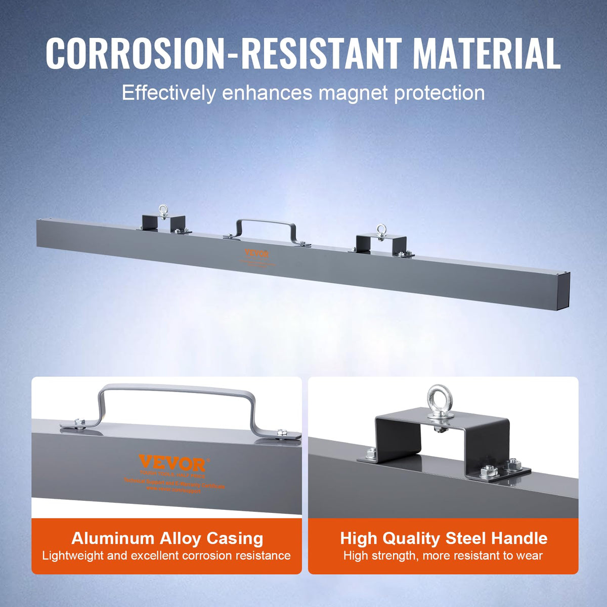 Steel lifting handles provide durable grip during operation