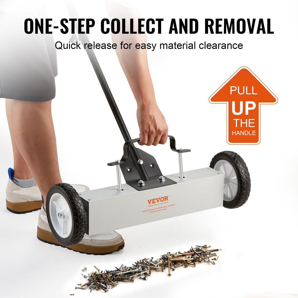 VEVOR push-pull sweeper with magnetic bar for easy metal pickup.