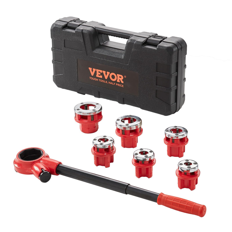 VEVOR ratchet pipe threader kit with six dies enables quick on-site NPT threading