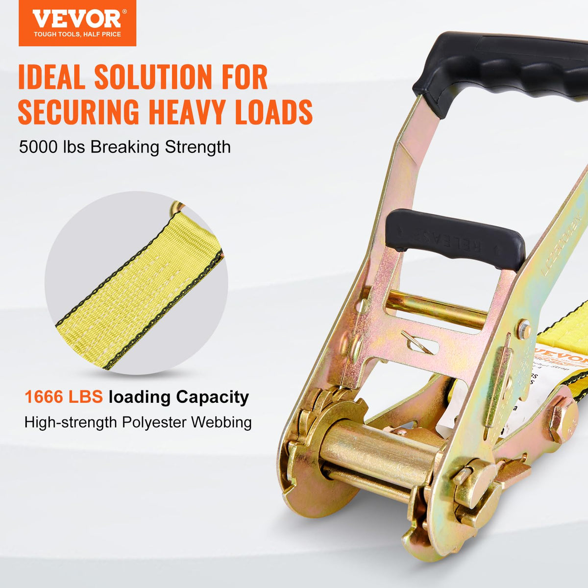 VEVOR ratchet strap closeup of quick-release handle for easy tightening.