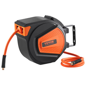 VEVOR retractable air hose reel with 50 ft reach and smooth auto-rewind for organized spaces.