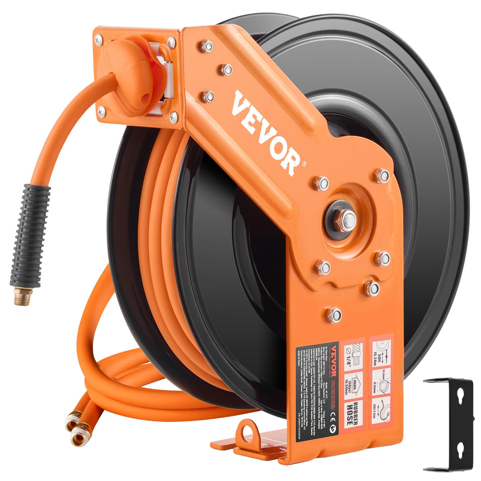 VEVOR retractable air hose reel mounted to ceiling for easy reach in workshops.