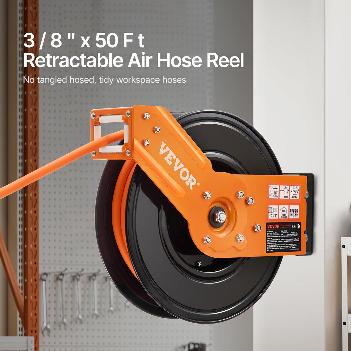 VEVOR retractable air hose reel on wall enables tidy, quick tool access.