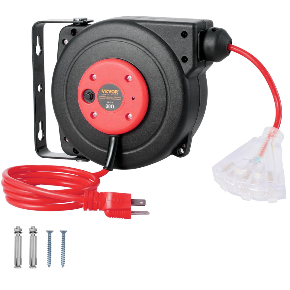 VEVOR retractable extension reel 30ft with rugged 16AWG cord for harsh workshop use
