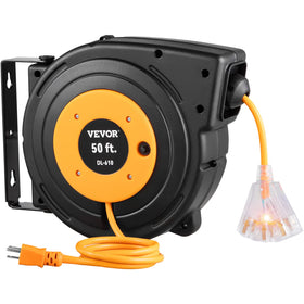 VEVOR retractable extension cord reel shows 50ft reach for long garage jobs
