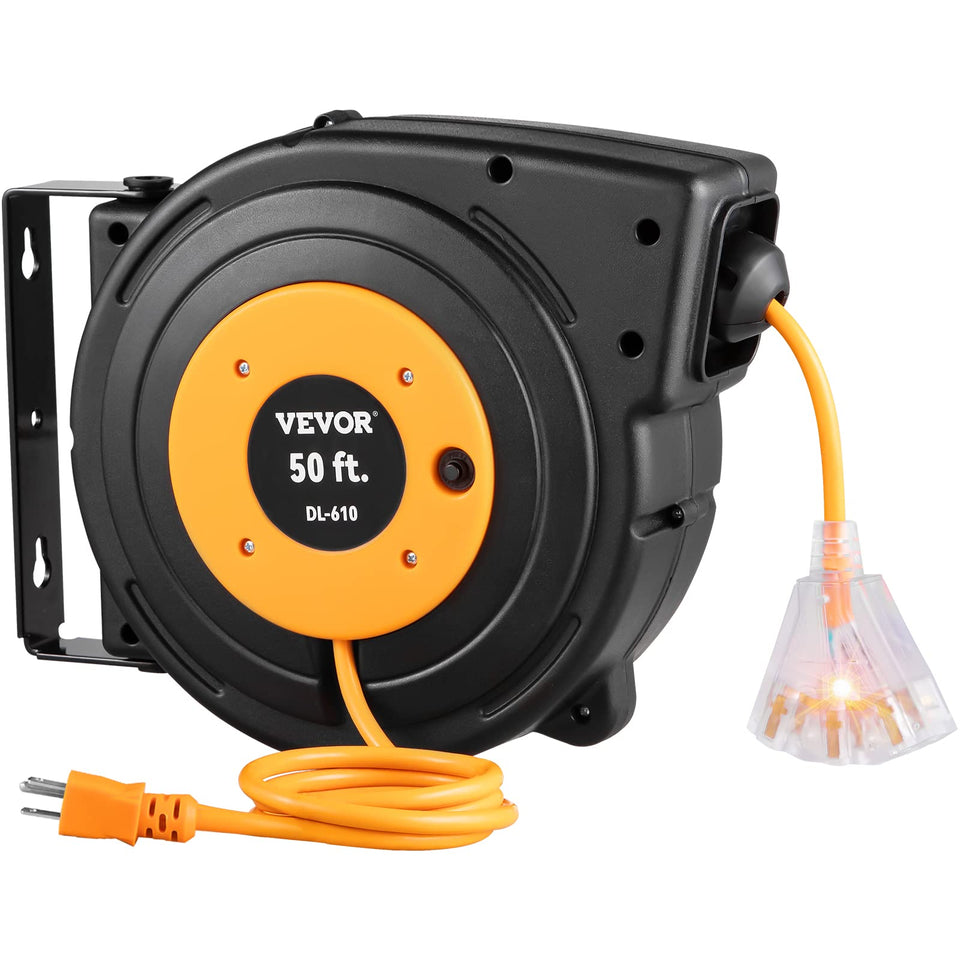 VEVOR retractable extension cord reel shows 50ft reach for long garage jobs